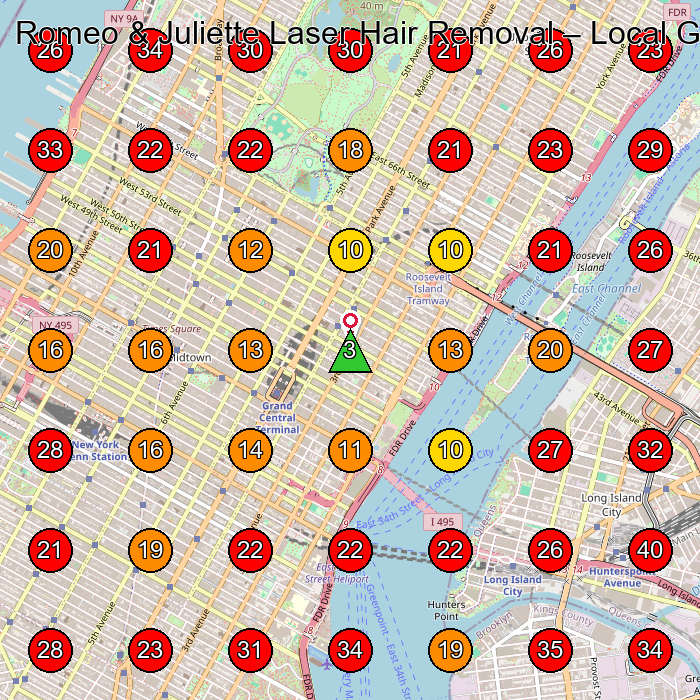 Romeo & Juliette Laser Hair Removal GeoGrid visibility map for Laser Hair Removal Service in New York